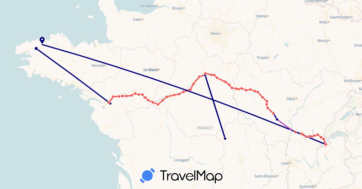 TravelMap itinerary: driving, train, hiking in Switzerland, France (Europe)